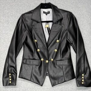 Central Park West NICO faux leather black blazer double breasted gold butt Med